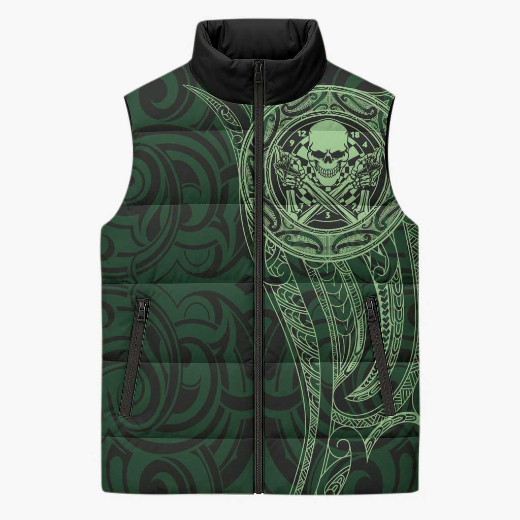 New Zealand Skull Darts Sleeveless Puffer Jacket Aotearoa Maori Chest Tattoo Stylized Green LT14 Unisex Green - Polynesian Pride