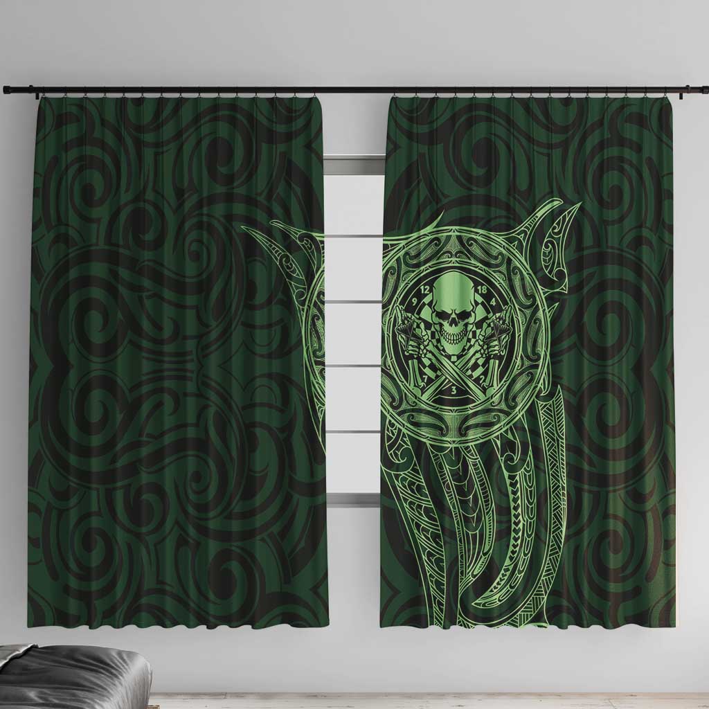 New Zealand Skull Darts Window Curtain Aotearoa Maori Chest Tattoo Stylized Green LT14 With Hooks Green - Polynesian Pride