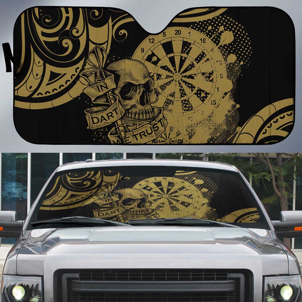 New Zealand Darts Auto Sun Shade Skull In Dart We Trust Maori Pattern LT14 Gold - Polynesian Pride