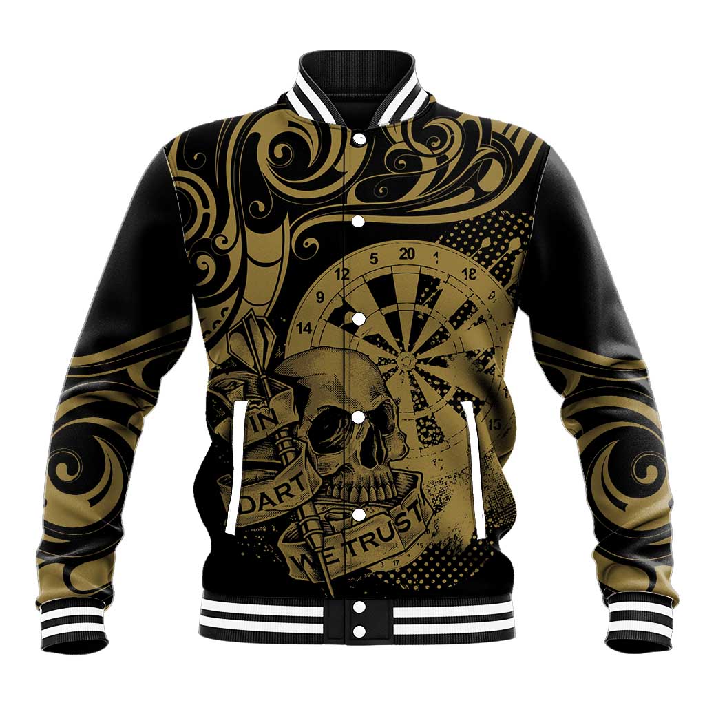 New Zealand Darts Baseball Jacket Skull In Dart We Trust Maori Pattern LT14 Unisex Gold - Polynesian Pride