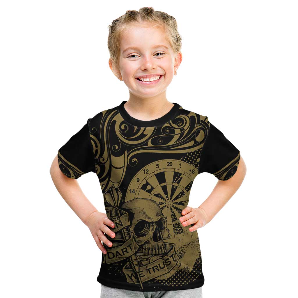 New Zealand Darts Kid T Shirt Skull In Dart We Trust Maori Pattern LT14 Gold - Polynesian Pride