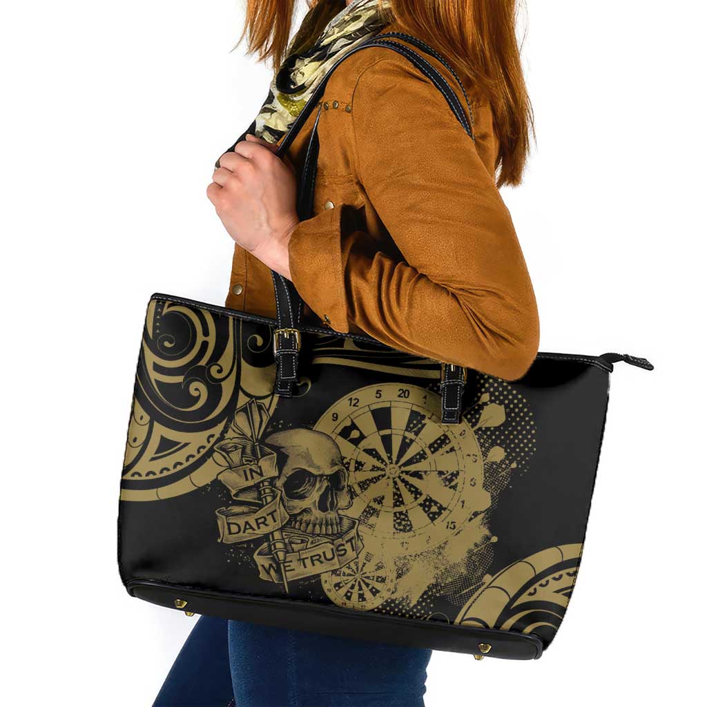 New Zealand Darts Leather Tote Bag Skull In Dart We Trust Maori Pattern LT14 Gold - Polynesian Pride