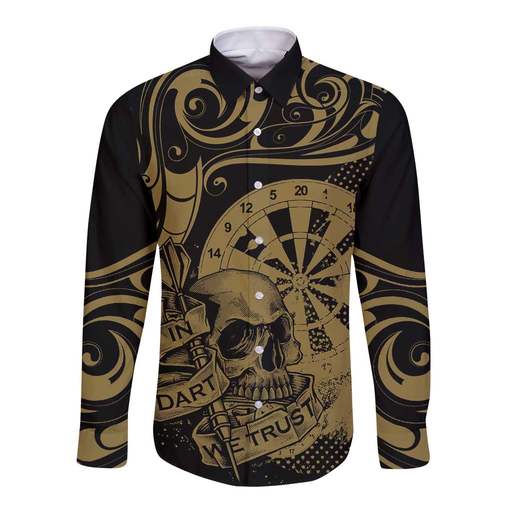 New Zealand Darts Long Sleeve Button Shirt Skull In Dart We Trust Maori Pattern LT14 Unisex Gold - Polynesian Pride