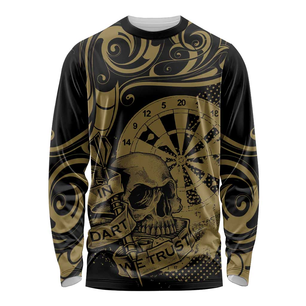 New Zealand Darts Long Sleeve Shirt Skull In Dart We Trust Maori Pattern LT14 Unisex Gold - Polynesian Pride