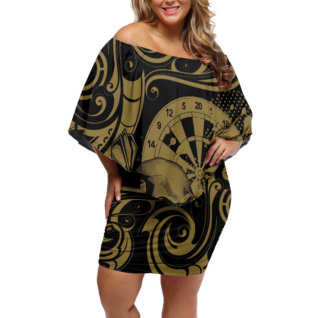 New Zealand Darts Off Shoulder Short Dress Skull In Dart We Trust Maori Pattern LT14 Women Gold - Polynesian Pride