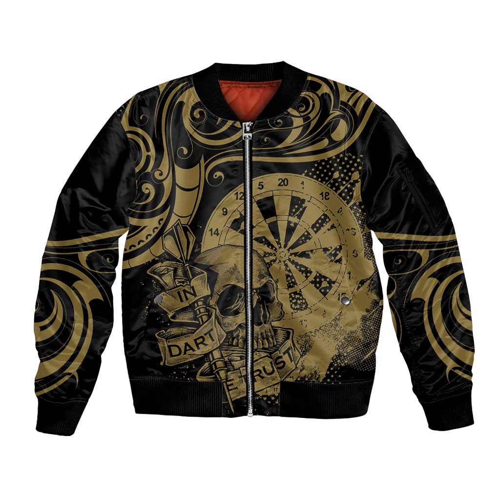 New Zealand Darts Sleeve Zip Bomber Jacket Skull In Dart We Trust Maori Pattern LT14 Unisex Gold - Polynesian Pride