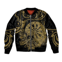 New Zealand Darts Sleeve Zip Bomber Jacket Skull In Dart We Trust Maori Pattern LT14 Unisex Gold - Polynesian Pride