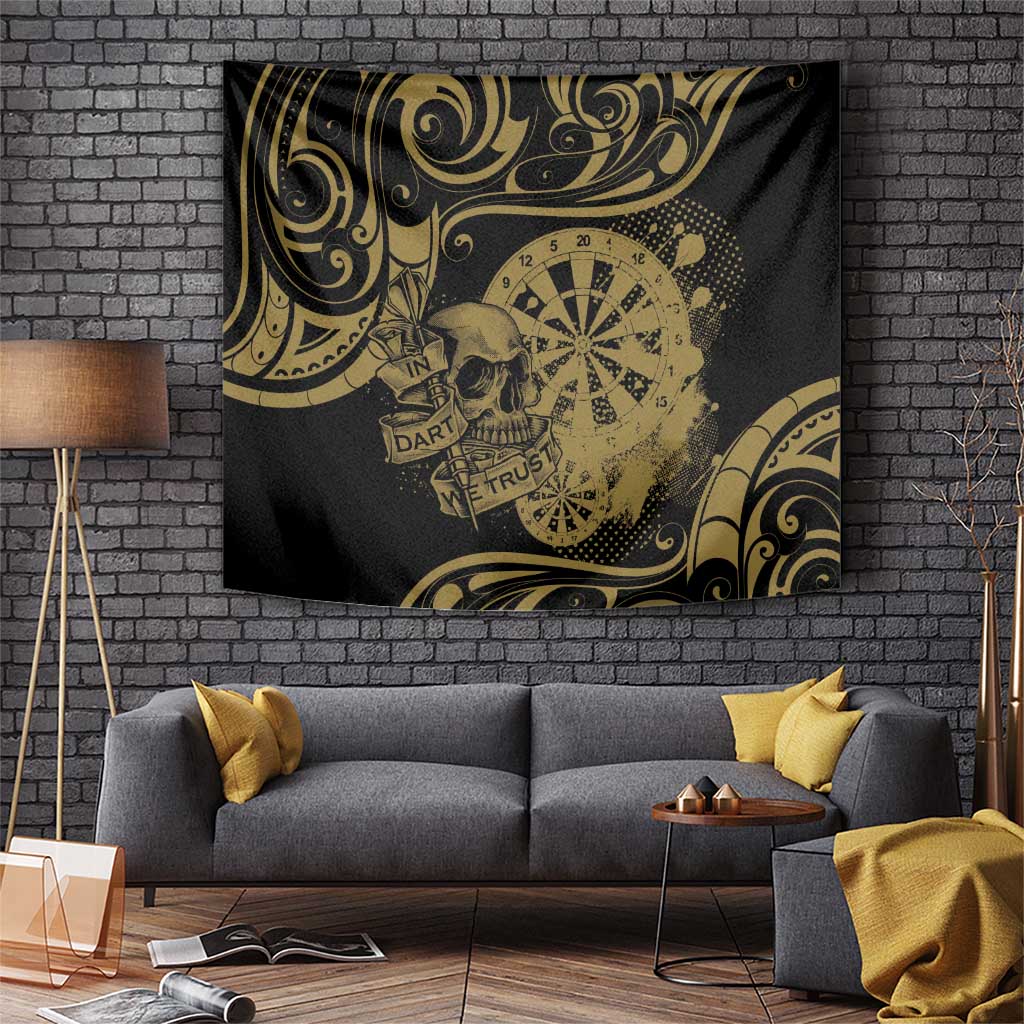 New Zealand Darts Tapestry Skull In Dart We Trust Maori Pattern LT14 Gold - Polynesian Pride