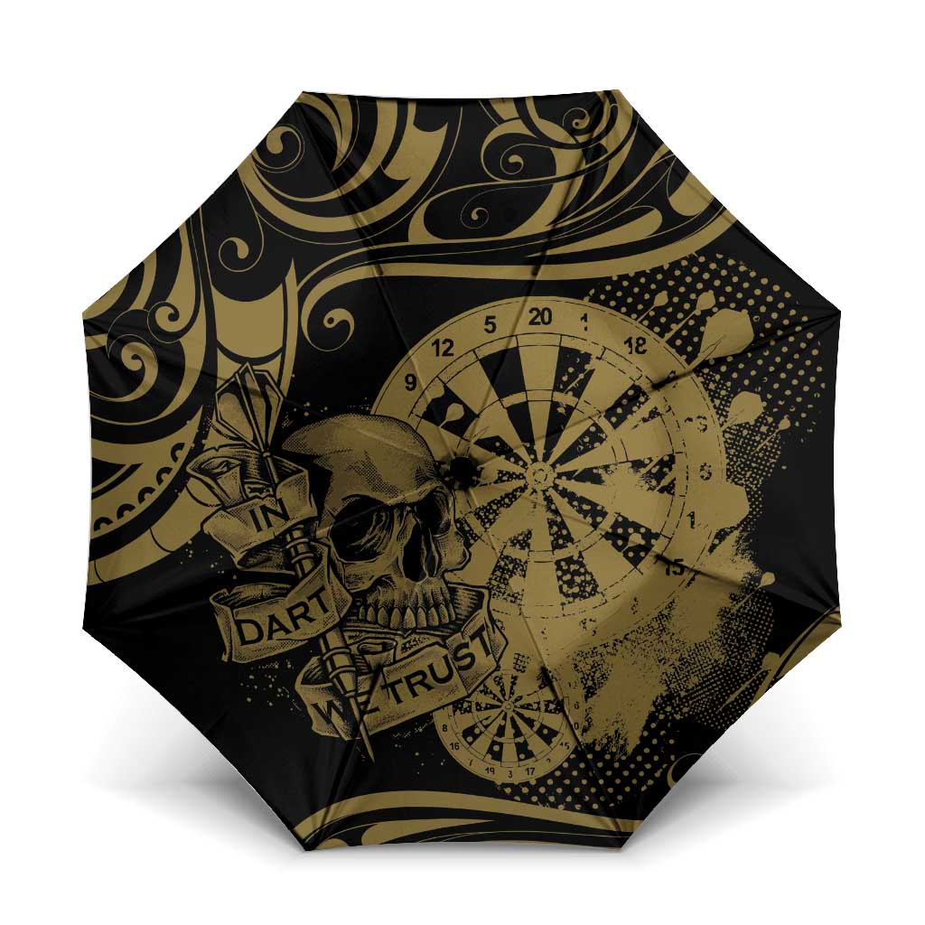 New Zealand Darts Umbrella Skull In Dart We Trust Maori Pattern LT14 One Size Folded 11.42 inch Opened Diameter 37.4 inch Gold - Polynesian Pride