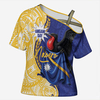 Personalised Nauru Angam Day Cross Shoulder Shirt Naoero Frigatebird With Flag Proud LT14 Female Blue - Polynesian Pride