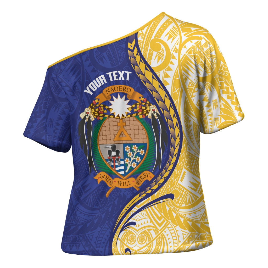 Personalised Nauru Angam Day Cross Shoulder Shirt Naoero Frigatebird With Flag Proud LT14 - Polynesian Pride