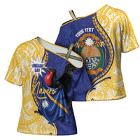 Personalised Nauru Angam Day Cross Shoulder Shirt Naoero Frigatebird With Flag Proud LT14 - Polynesian Pride