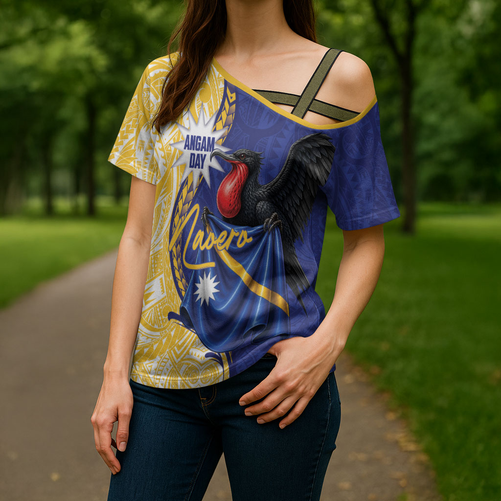 Personalised Nauru Angam Day Cross Shoulder Shirt Naoero Frigatebird With Flag Proud LT14 - Polynesian Pride