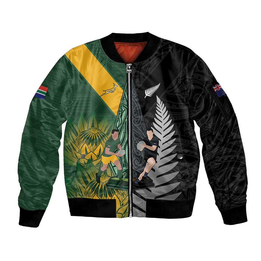 New Zealand and South Africa Rugby Custom Sleeve Zip Bomber Jacket Ultimate Rivalry All Black Springboks