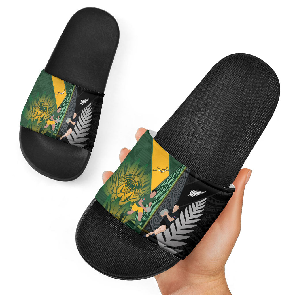 New Zealand and South Africa Rugby Slide Sandals Ultimate Rivalry All Black Springboks LT14 - Polynesian Pride