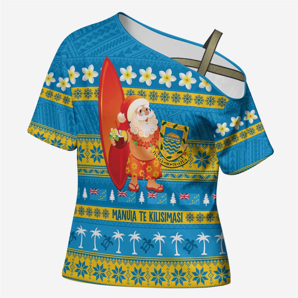 Tuvalu Christmas Cross Shoulder Shirt Cute Santa Manuia te Kilisimasi LT14 Female Blue - Polynesian Pride