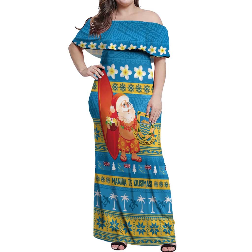Tuvalu Christmas Off Shoulder Maxi Dress Cute Santa Manuia te Kilisimasi LT14 Women Blue - Polynesian Pride