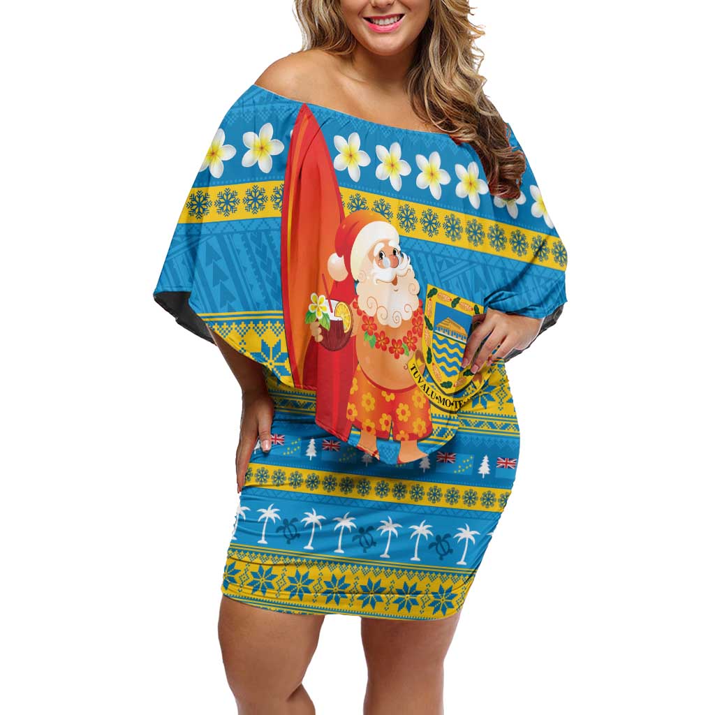 Tuvalu Christmas Off Shoulder Short Dress Cute Santa Manuia te Kilisimasi LT14 Women Blue - Polynesian Pride