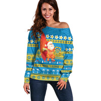 Tuvalu Christmas Off Shoulder Sweater Cute Santa Manuia te Kilisimasi LT14 Women Blue - Polynesian Pride