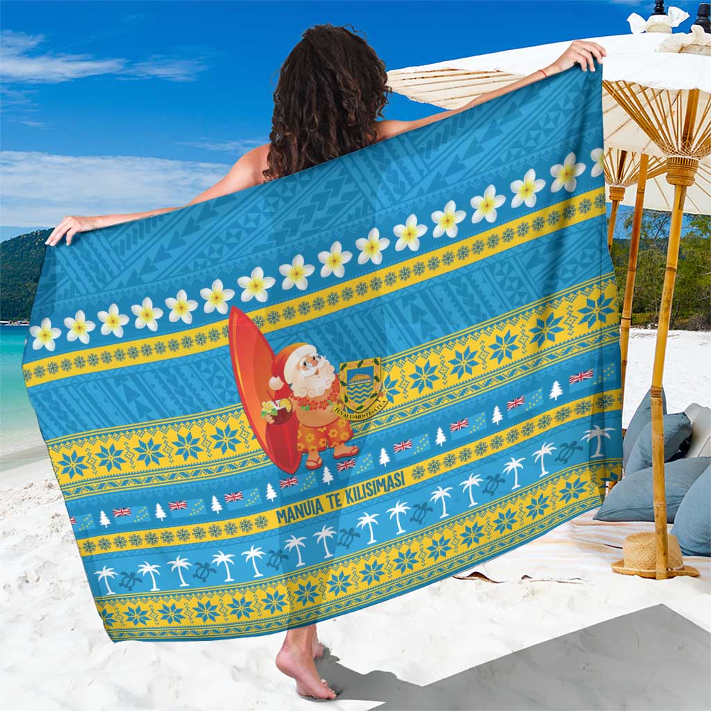 Tuvalu Christmas Sarong Cute Santa Manuia te Kilisimasi LT14 One Size 44 x 66 inches Blue - Polynesian Pride