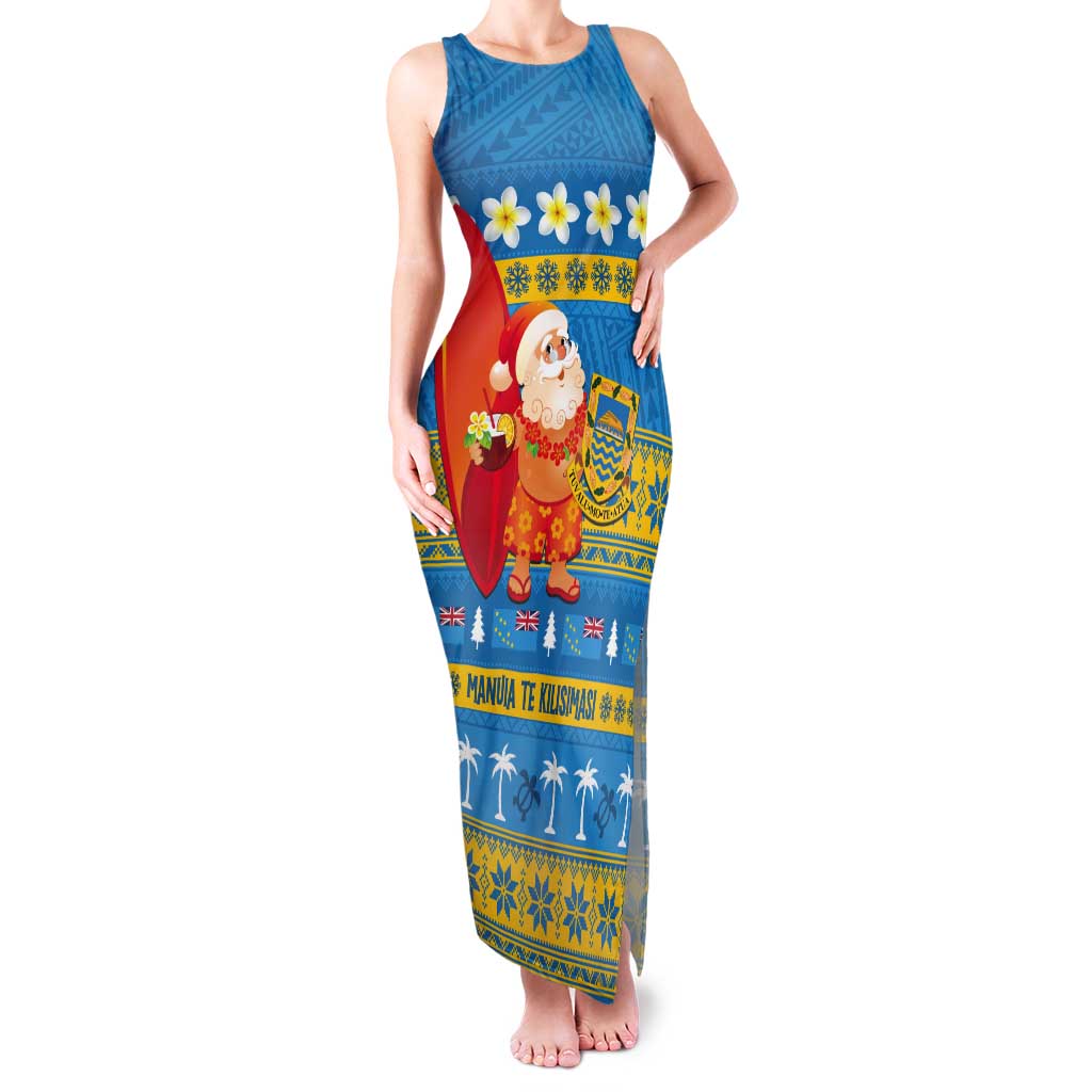 Tuvalu Christmas Tank Maxi Dress Cute Santa Manuia te Kilisimasi LT14 Women Blue - Polynesian Pride