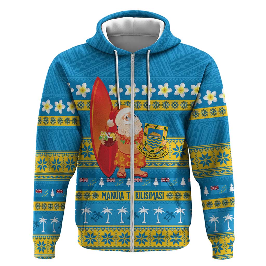 Tuvalu Christmas Zip Hoodie Cute Santa Manuia te Kilisimasi LT14 Zip Hoodie Blue - Polynesian Pride