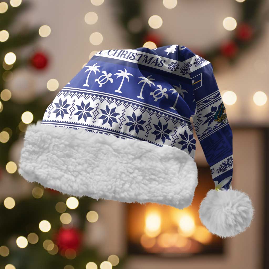 Nauru Christmas Santa Hat Cute Santa Coat Of Arms Merry Xmas LT14 With Fur Navy Blue - Polynesian Pride