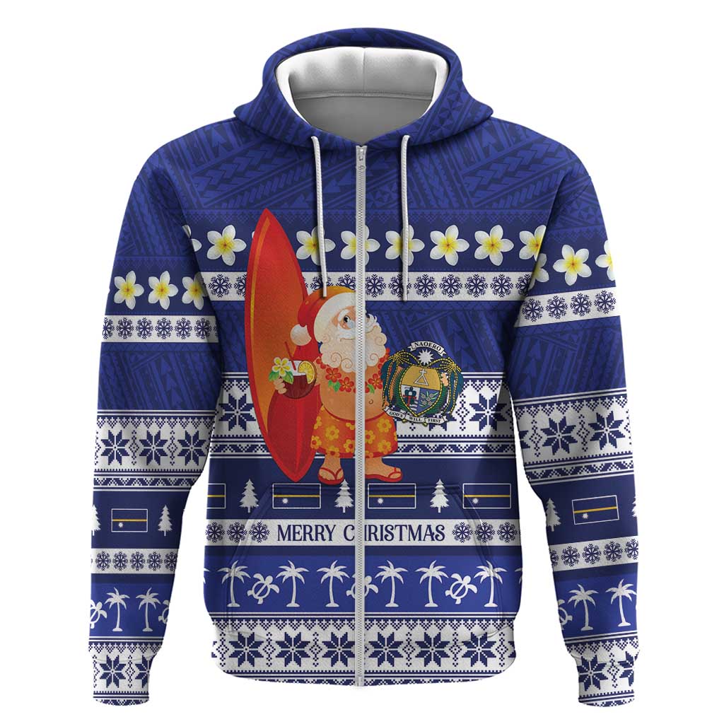 Nauru Christmas Hoodie Cute Santa Coat Of Arms Merry Xmas LT14 Zip Hoodie Navy Blue - Polynesian Pride