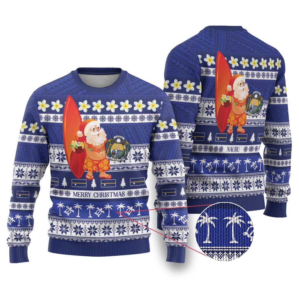 Nauru Christmas Ugly Christmas Sweater Cute Santa Coat Of Arms Merry Xmas LT14 Navy Blue - Polynesian Pride