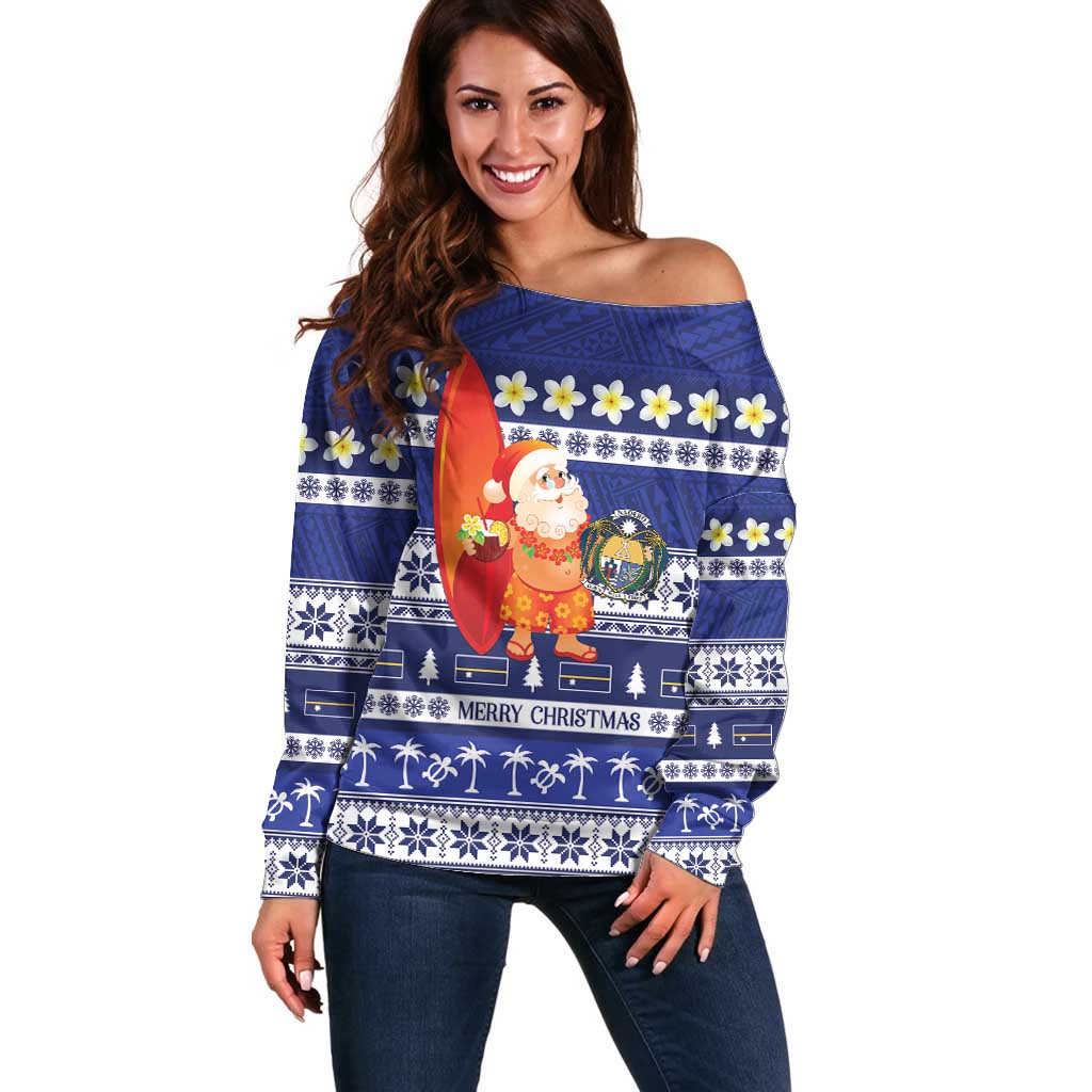 Nauru Christmas Off Shoulder Sweater Cute Santa Coat Of Arms Merry Xmas LT14 Women Navy Blue - Polynesian Pride