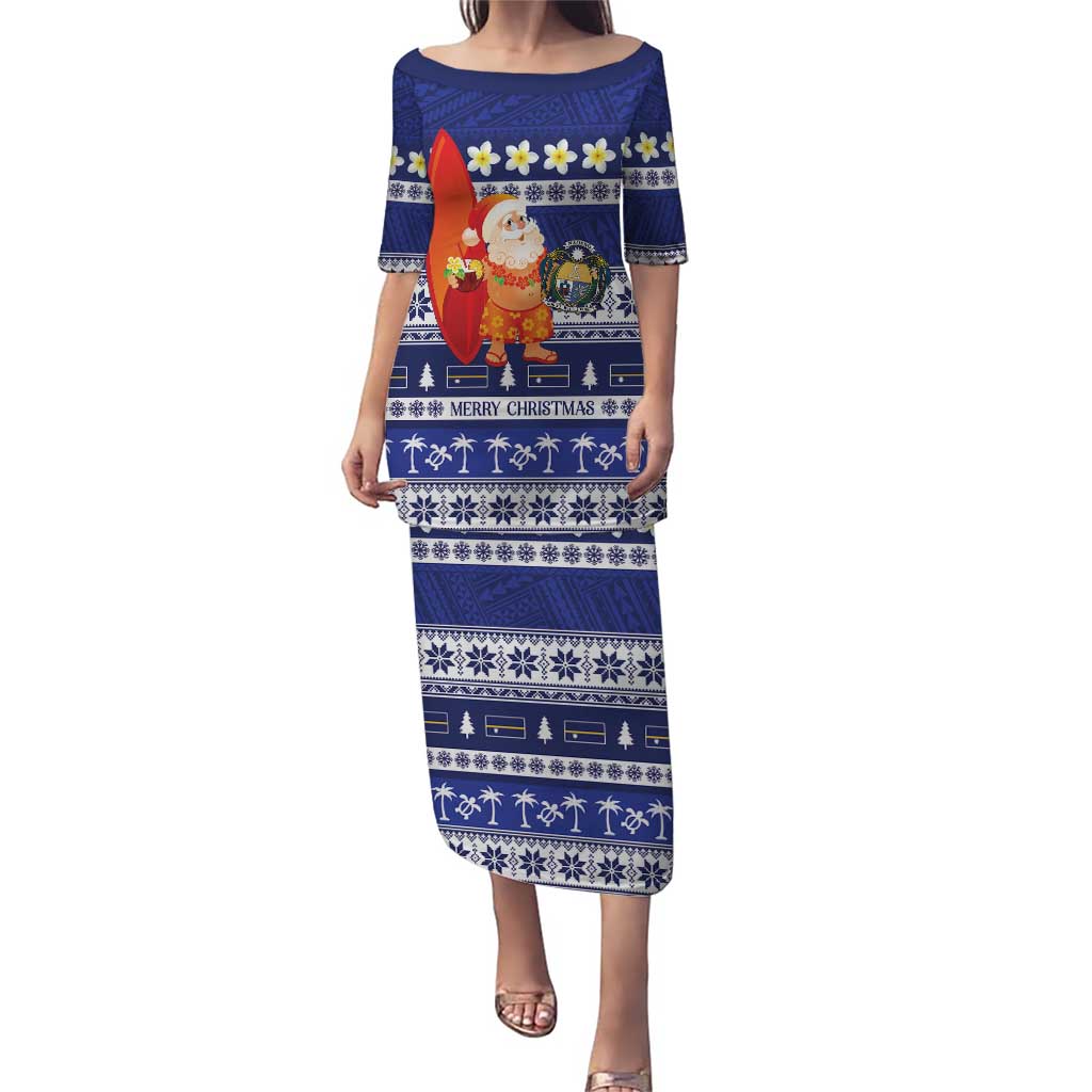 Nauru Christmas Puletasi Cute Santa Coat Of Arms Merry Xmas LT14 Long Dress Navy Blue - Polynesian Pride