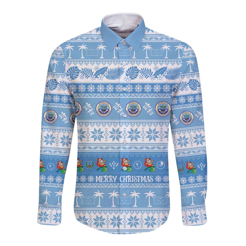 FSM Christmas Long Sleeve Button Shirt Merry Xmas Federated States of Micronesia LT14 Unisex Blue - Polynesian Pride