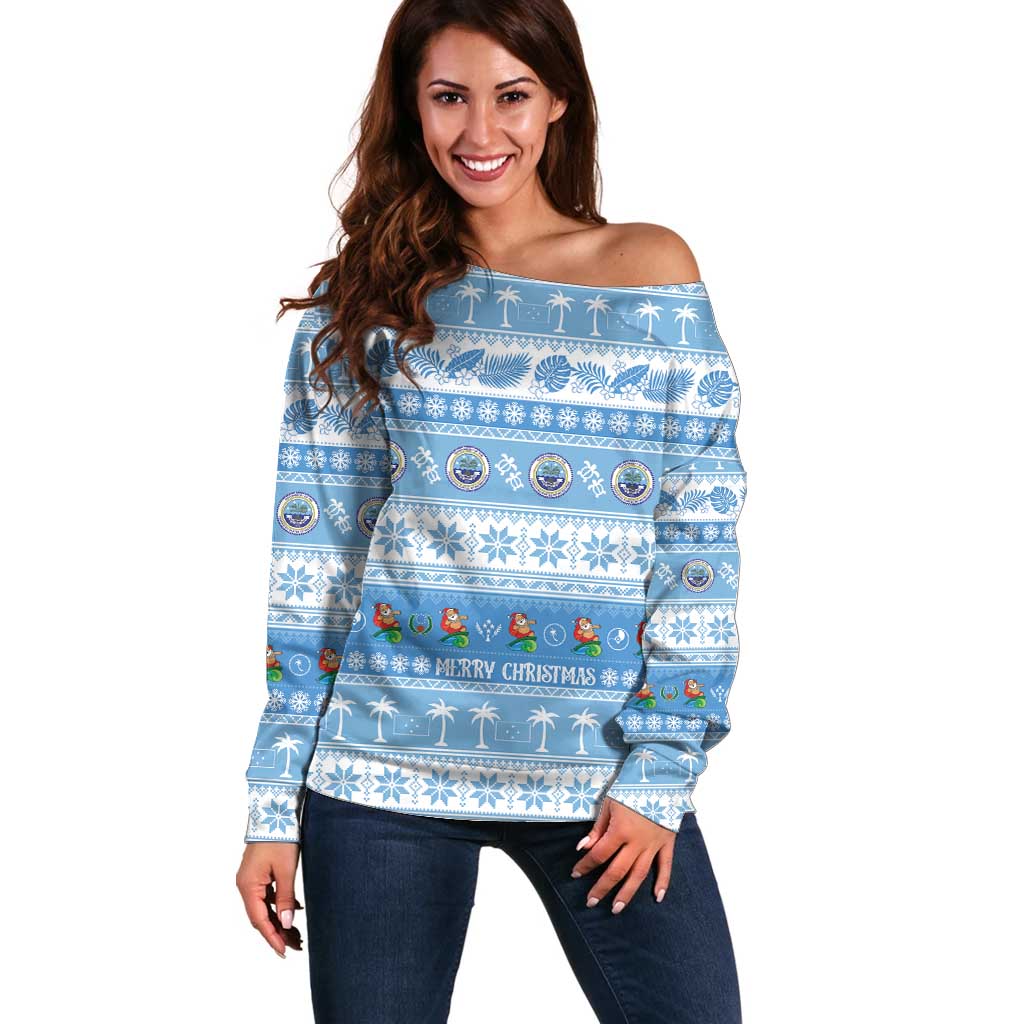 FSM Christmas Off Shoulder Sweater Merry Xmas Federated States of Micronesia LT14 Women Blue - Polynesian Pride