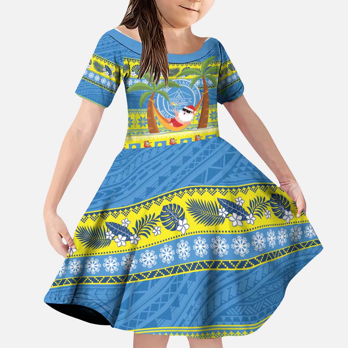 Palau Christmas Kid Short Sleeve Dress Chilling Santa Ungil Kurismas LT14 KID Yellow - Polynesian Pride