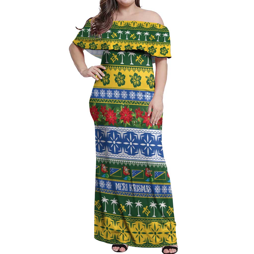 Solomon Islands Christmas Off Shoulder Maxi Dress The Solomons Melanesian Meri Krismas LT14 Women Green - Polynesian Pride