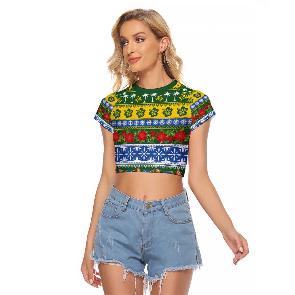 Solomon Islands Christmas Raglan Cropped T Shirt The Solomons Melanesian Meri Krismas LT14 Female Green - Polynesian Pride