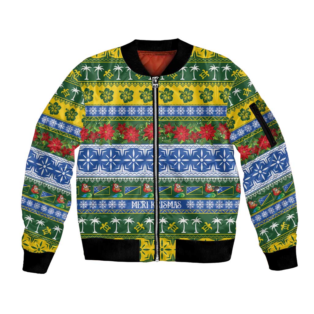 Solomon Islands Christmas Sleeve Zip Bomber Jacket The Solomons Melanesian Meri Krismas LT14 Unisex Green - Polynesian Pride