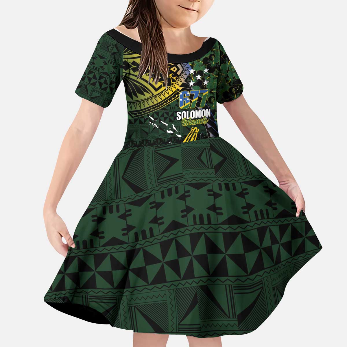 Solomon Islands Kid Short Sleeve Dress 677 Proud Crocodile Melanesian Pattern LT14 KID Black - Polynesian Pride