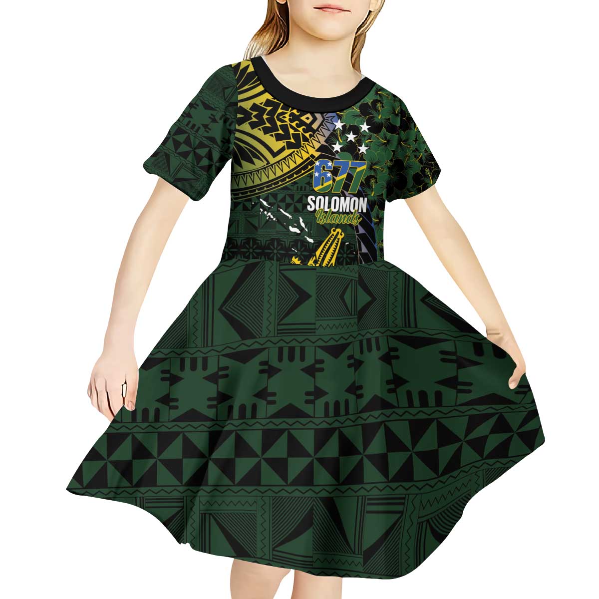 Solomon Islands Kid Short Sleeve Dress 677 Proud Crocodile Melanesian Pattern LT14 - Polynesian Pride