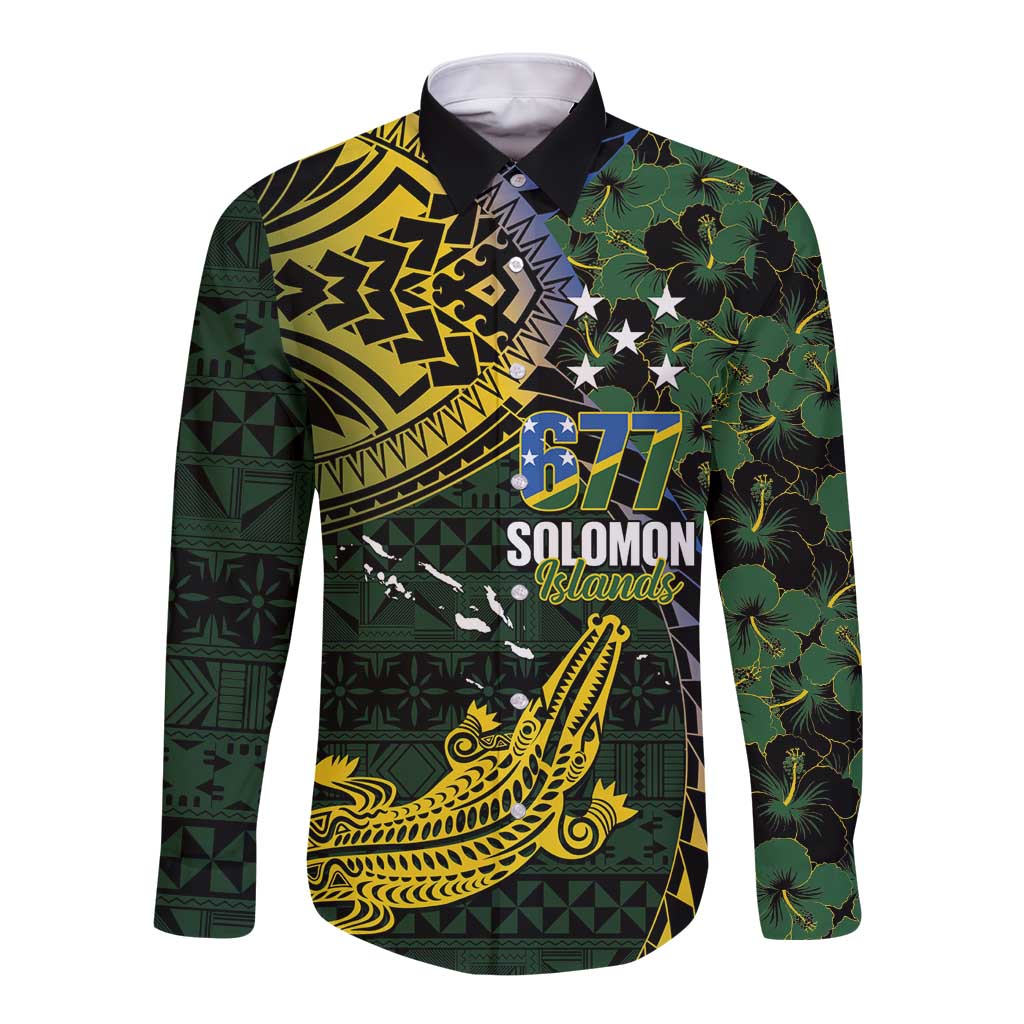 Solomon Islands Long Sleeve Button Shirt 677 Proud Crocodile Melanesian Pattern LT14 Unisex Black - Polynesian Pride