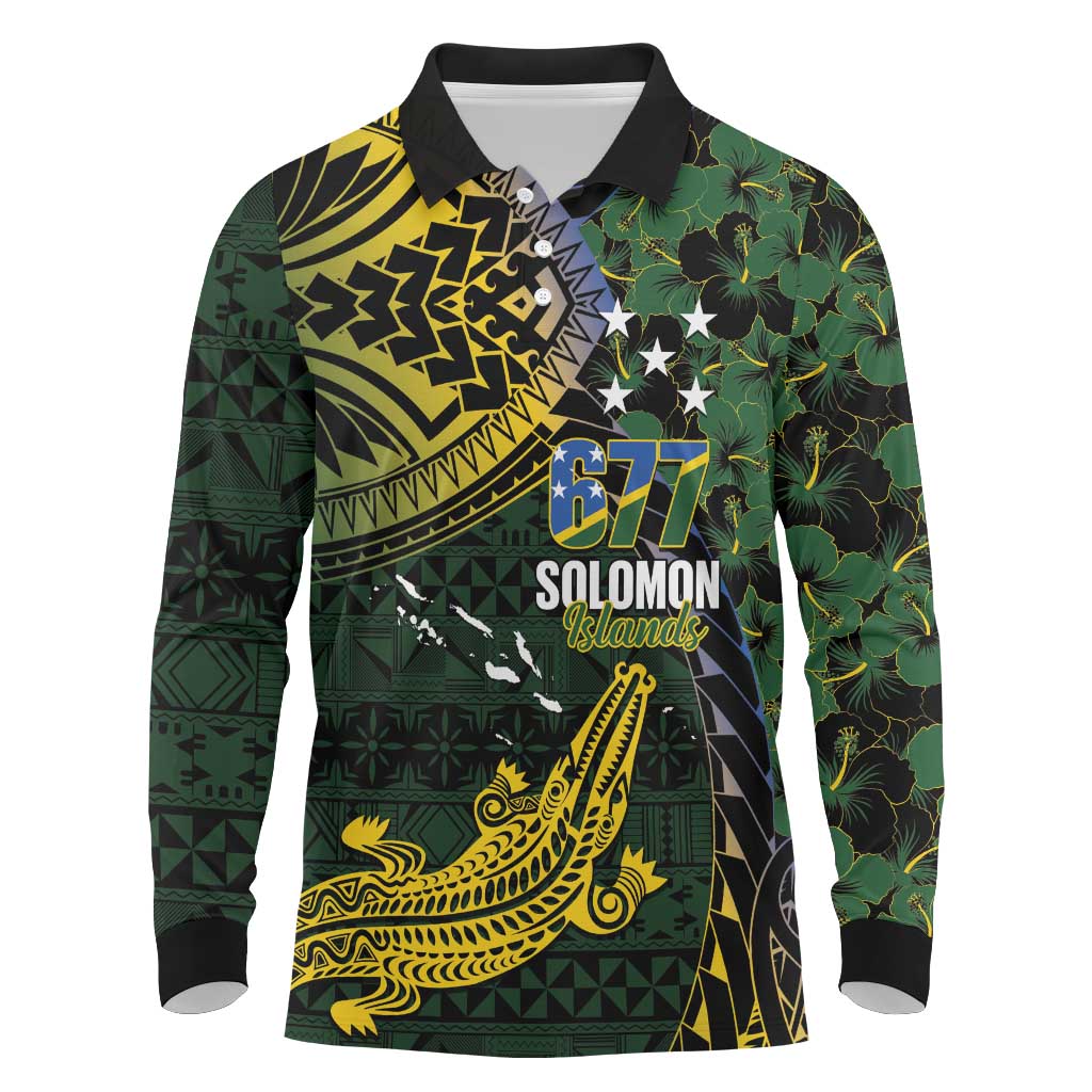 Solomon Islands Long Sleeve Polo Shirt 677 Proud Crocodile Melanesian Pattern LT14 Black - Polynesian Pride