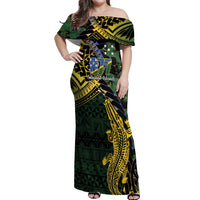 Solomon Islands Off Shoulder Maxi Dress 677 Proud Crocodile Melanesian Pattern LT14 Women Black - Polynesian Pride