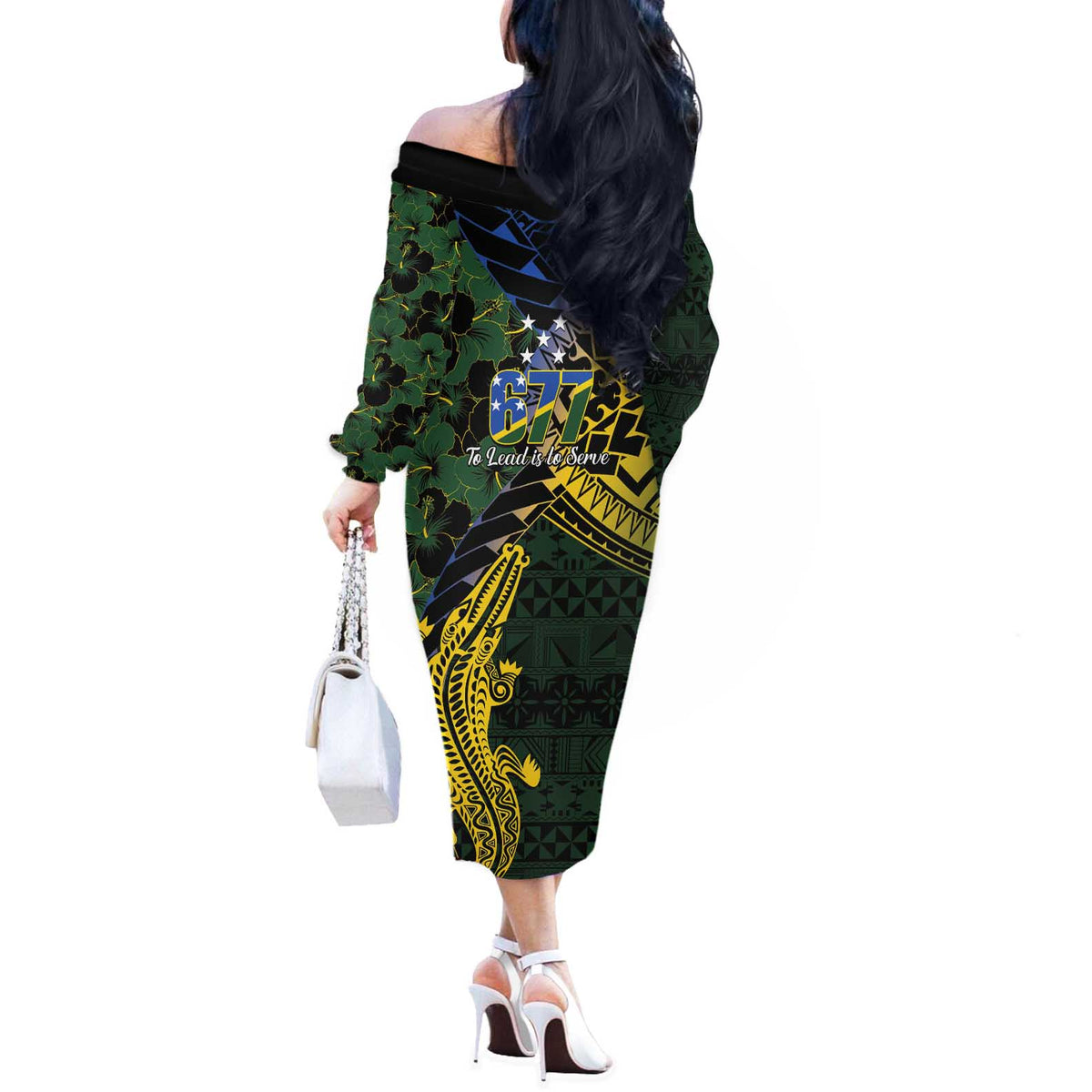 Solomon Islands Off The Shoulder Long Sleeve Dress 677 Proud Crocodile Melanesian Pattern LT14 - Polynesian Pride