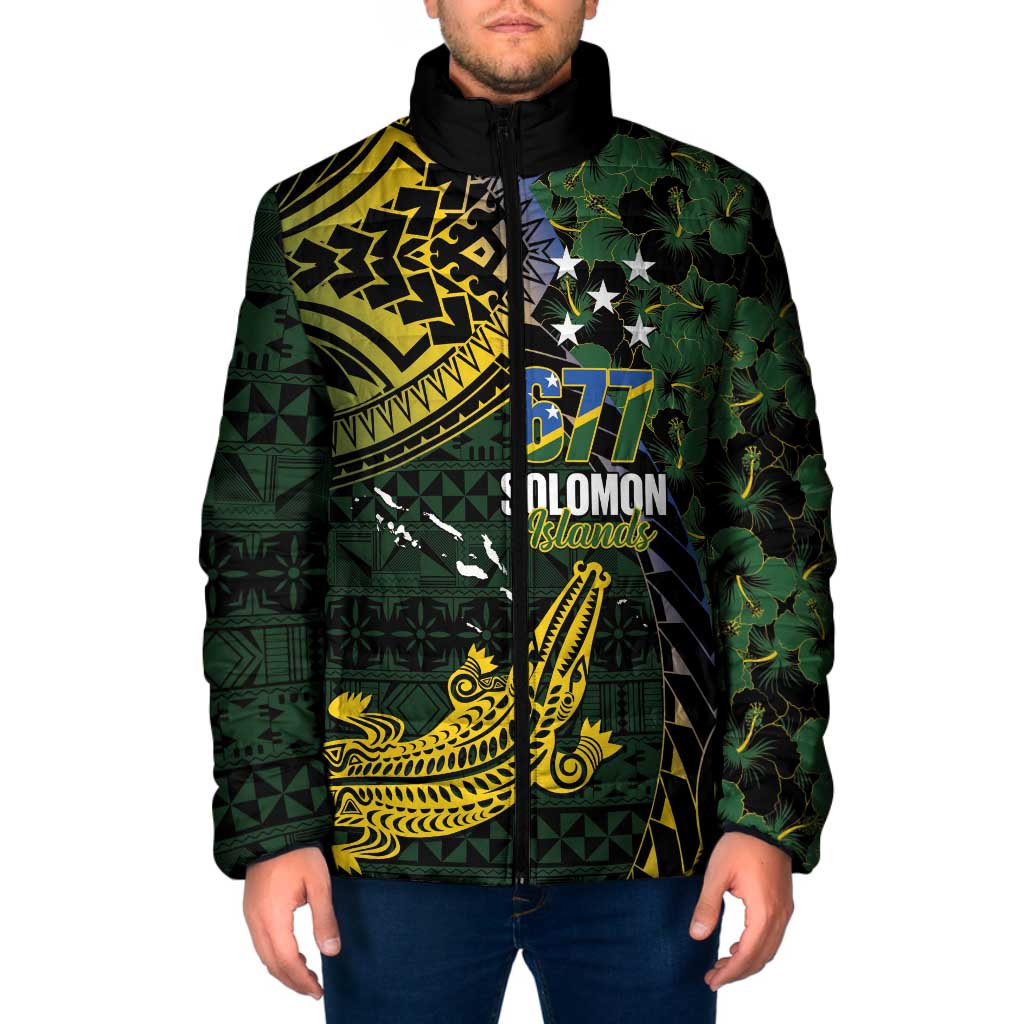 Solomon Islands Padded Jacket 677 Proud Crocodile Melanesian Pattern LT14 Men Black - Polynesian Pride