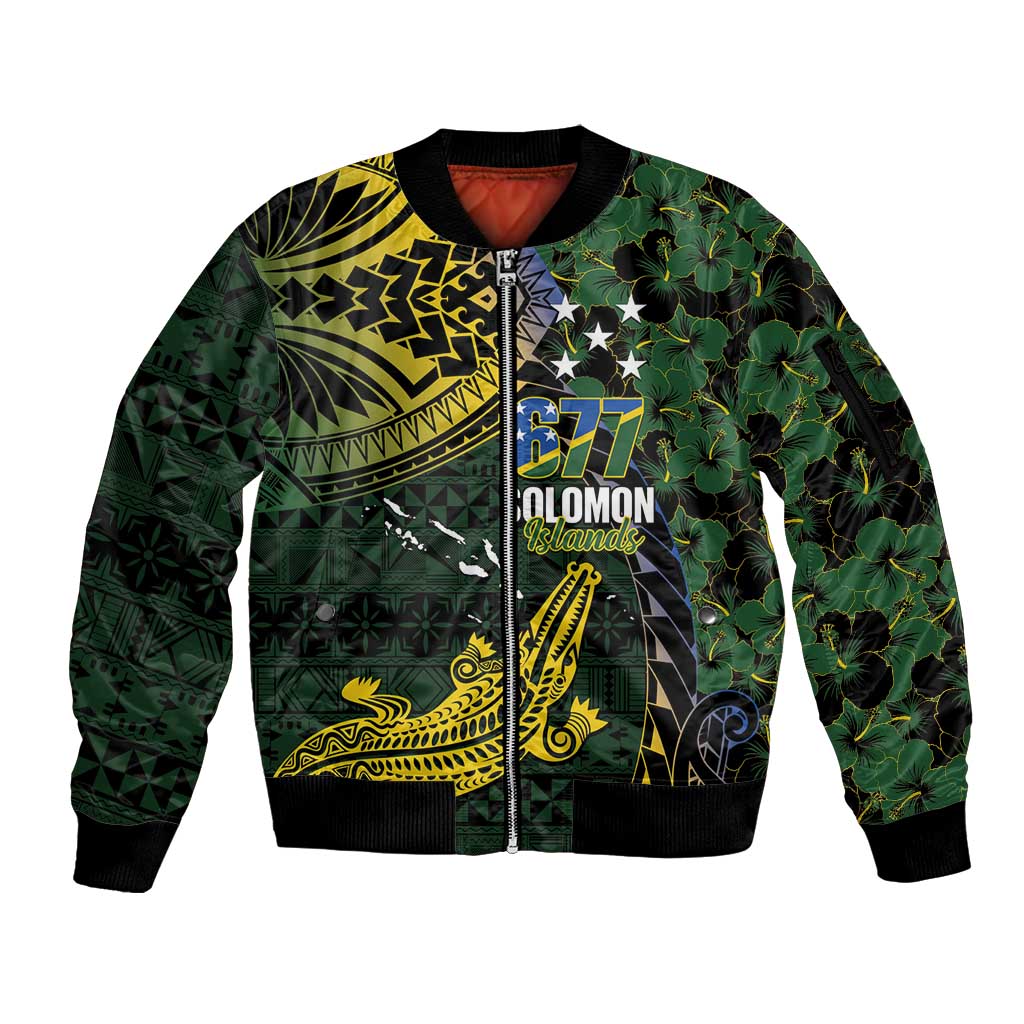 Solomon Islands Sleeve Zip Bomber Jacket 677 Proud Crocodile Melanesian Pattern LT14 Unisex Black - Polynesian Pride
