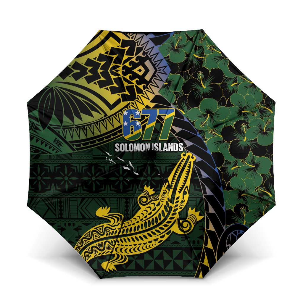 Solomon Islands Umbrella 677 Proud Crocodile Melanesian Pattern LT14 One Size Folded 11.42 inch Opened Diameter 37.4 inch Black - Polynesian Pride