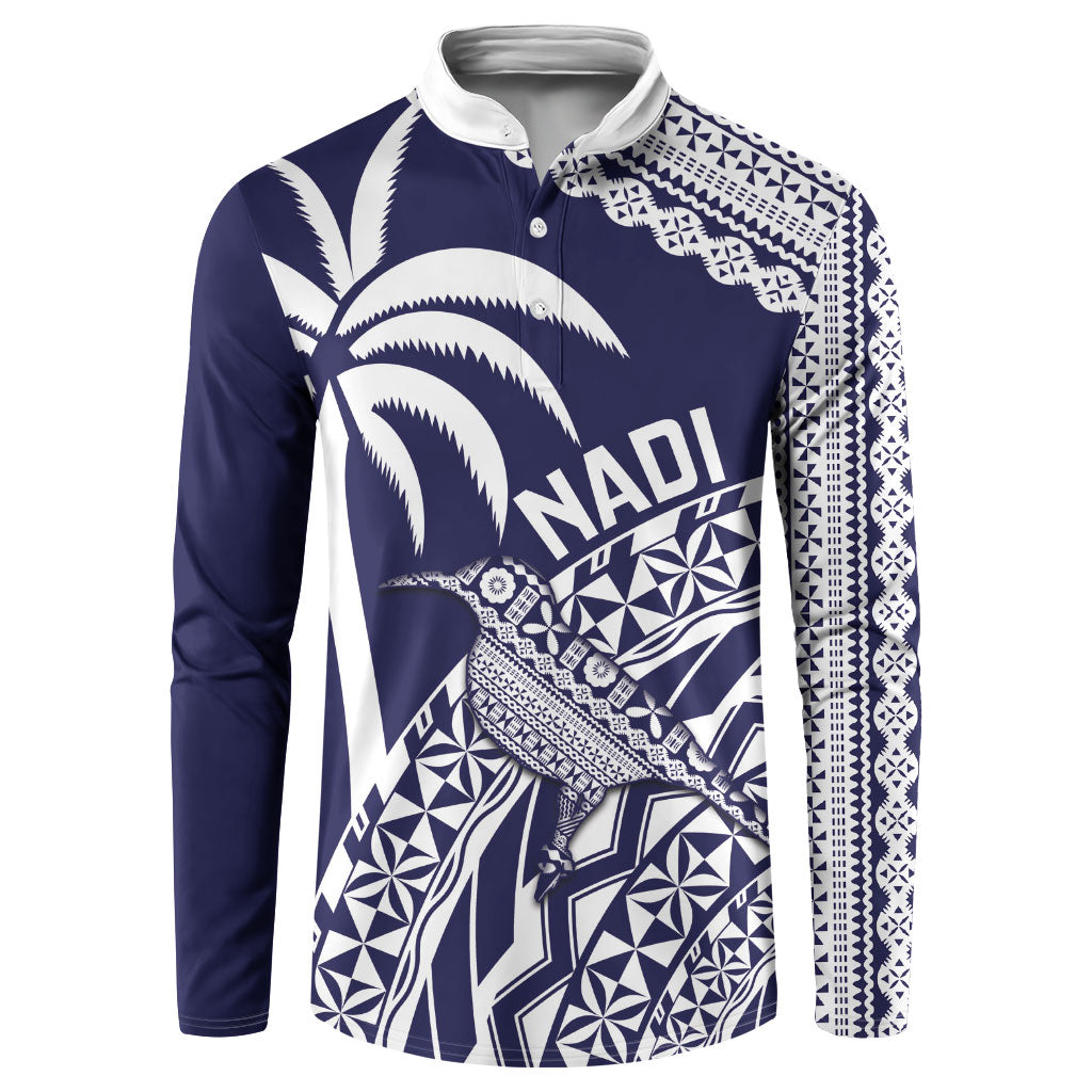 Nadi Fiji 2026 Rugby Custom Button Sweatshirt Kikau Fijian Tapa Pattern LT14 Navy Blue - Polynesian Pride