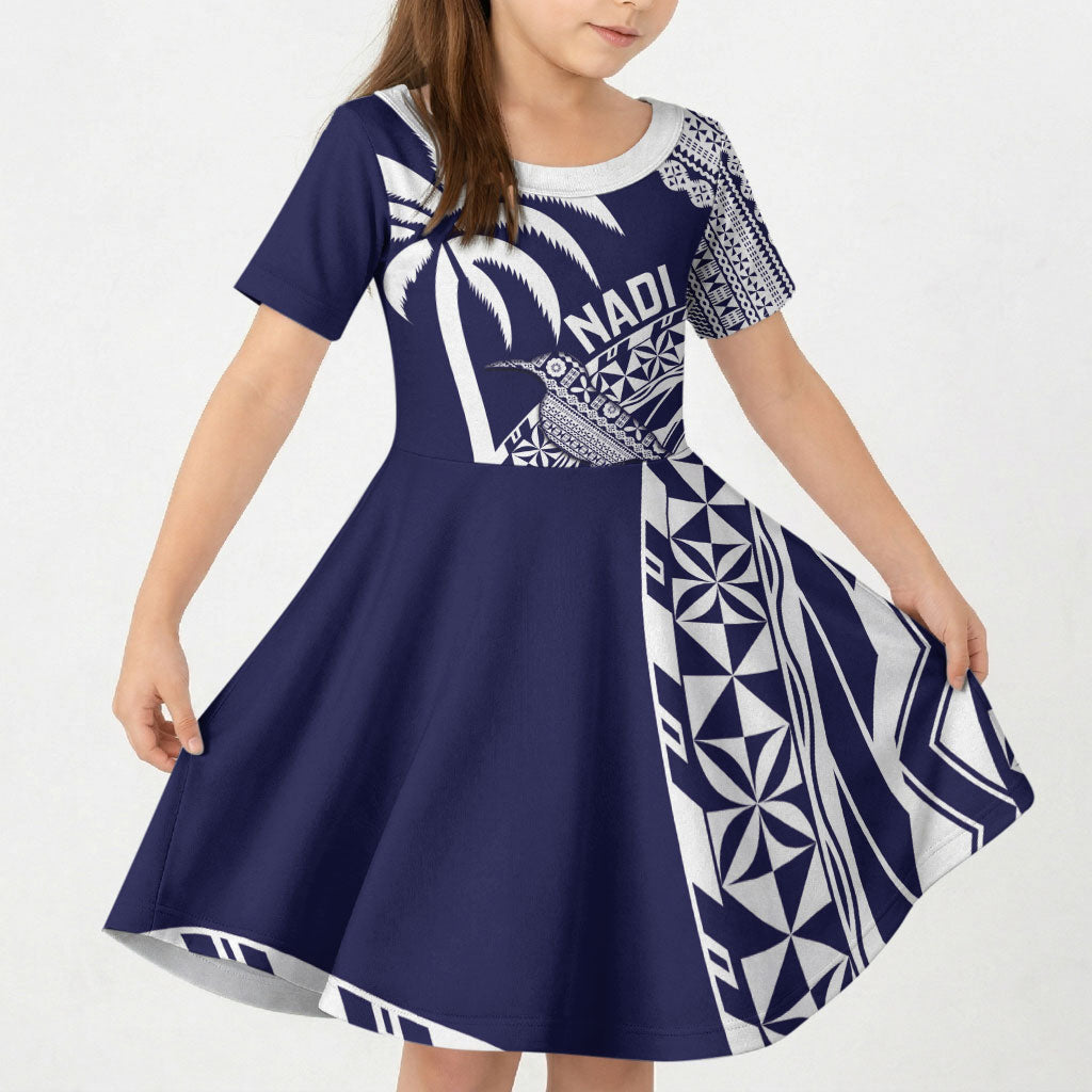 Nadi Fiji 2026 Rugby Custom Kid Short Sleeve Dress Kikau Fijian Tapa Pattern LT14 KID Navy Blue - Polynesian Pride