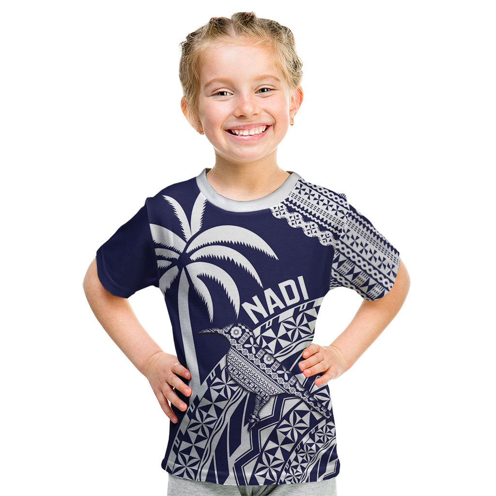 Nadi Fiji 2026 Rugby Custom Kid T Shirt Kikau Fijian Tapa Pattern LT14 Navy Blue - Polynesian Pride
