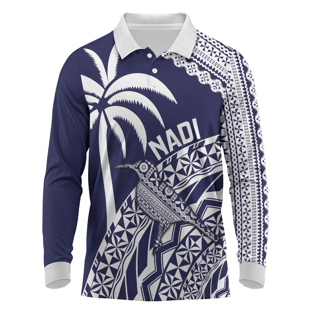 Nadi Fiji 2026 Rugby Custom Long Sleeve Polo Shirt Kikau Fijian Tapa Pattern LT14 Navy Blue - Polynesian Pride